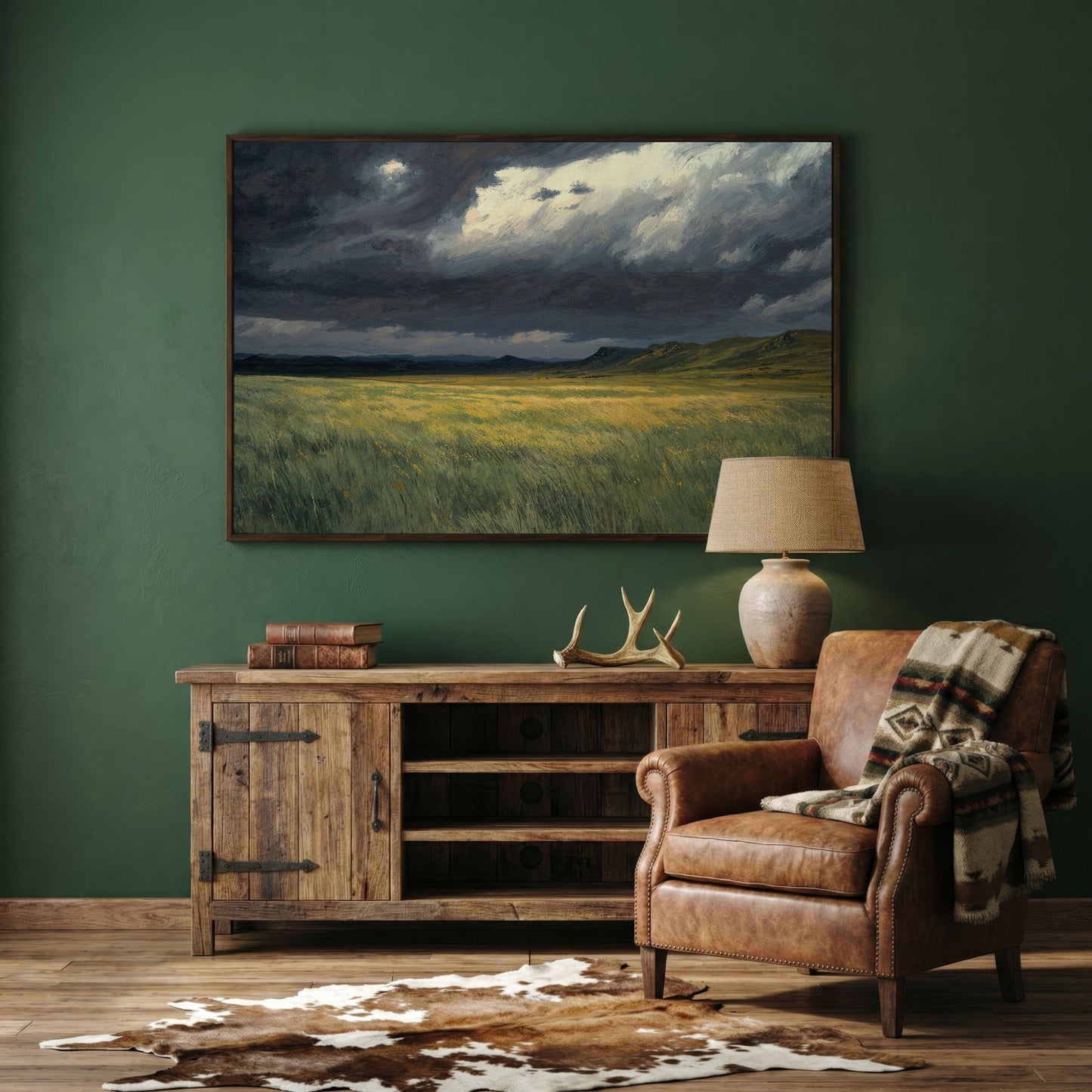 Serene Sky Over Prairie Fields Canvas in dark walnut floating frame