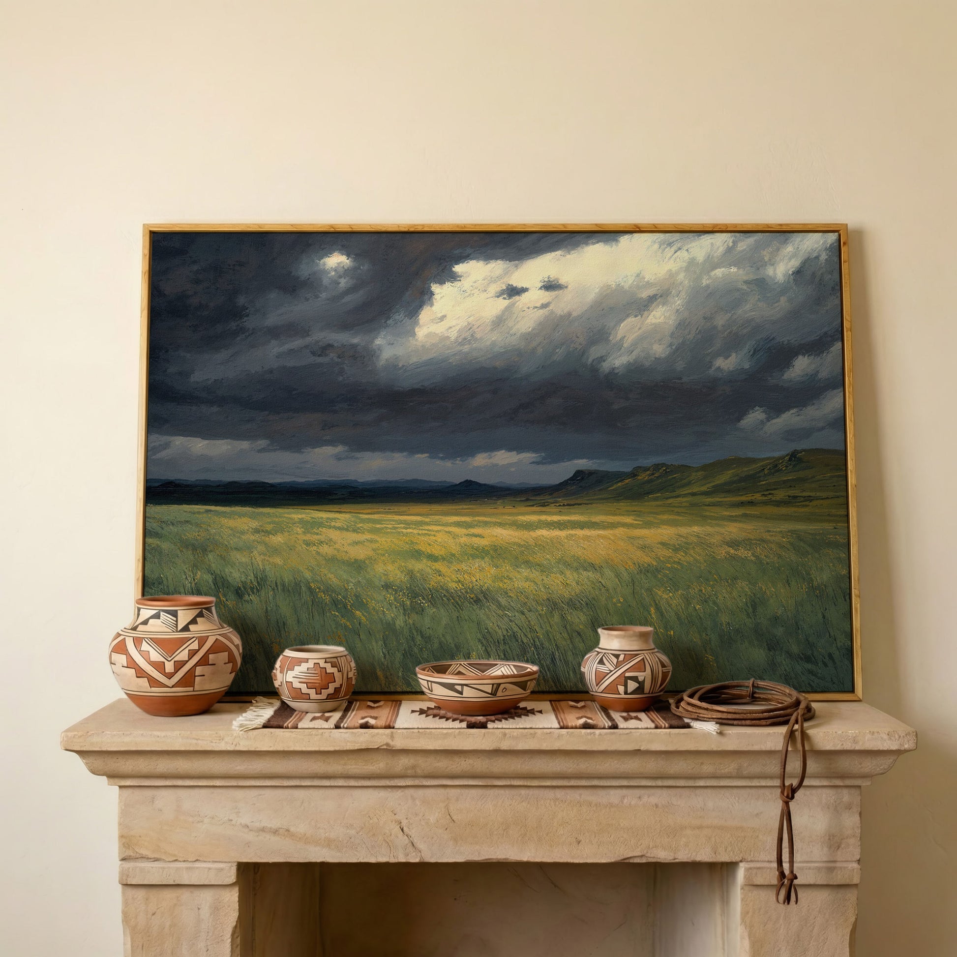 Serene Sky Over Prairie Fields Canvas in white oak floating frame
