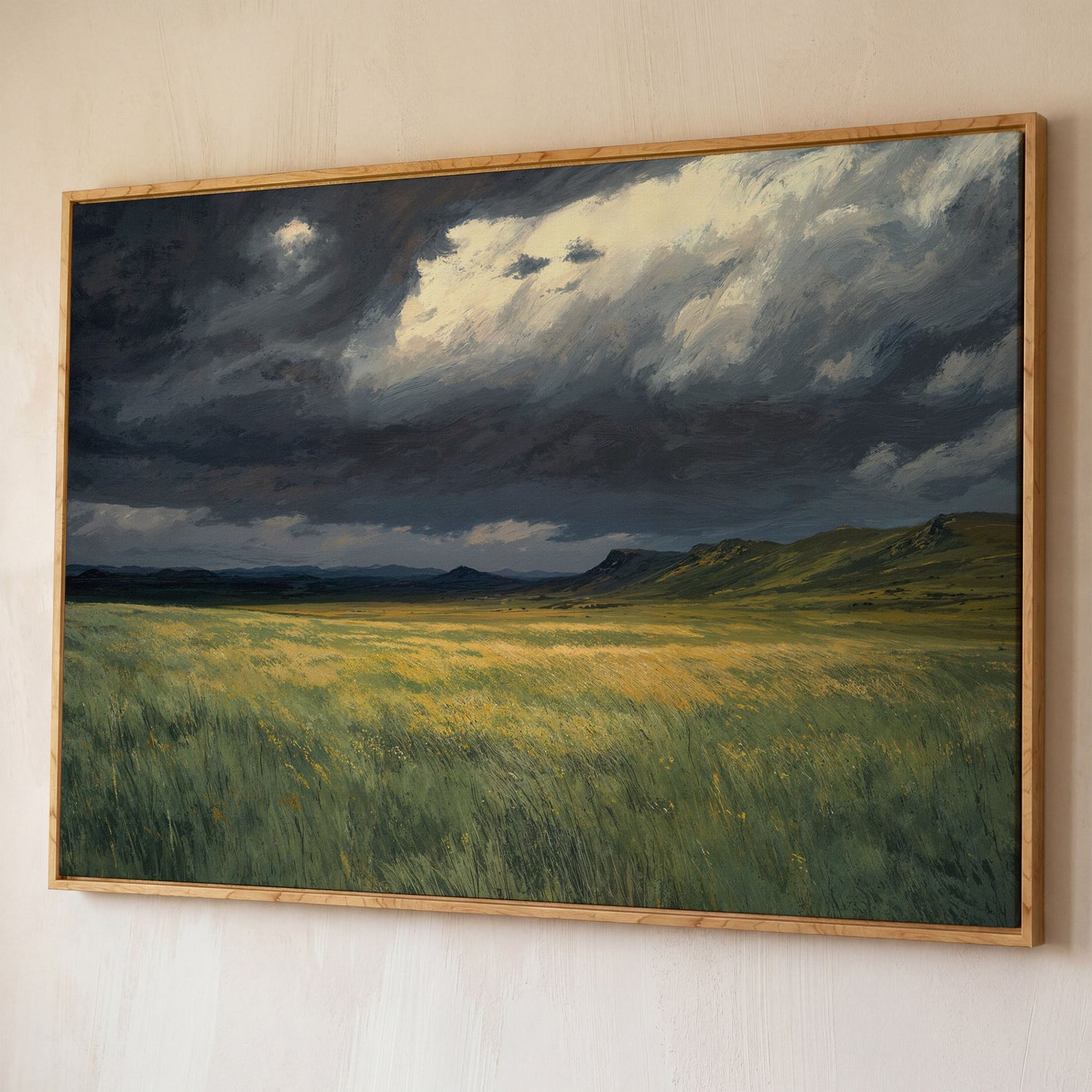Serene Sky Over Prairie Fields Canvas shown in white oak floating frame