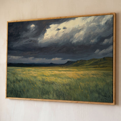 Serene Sky Over Prairie Fields Canvas shown in white oak floating frame