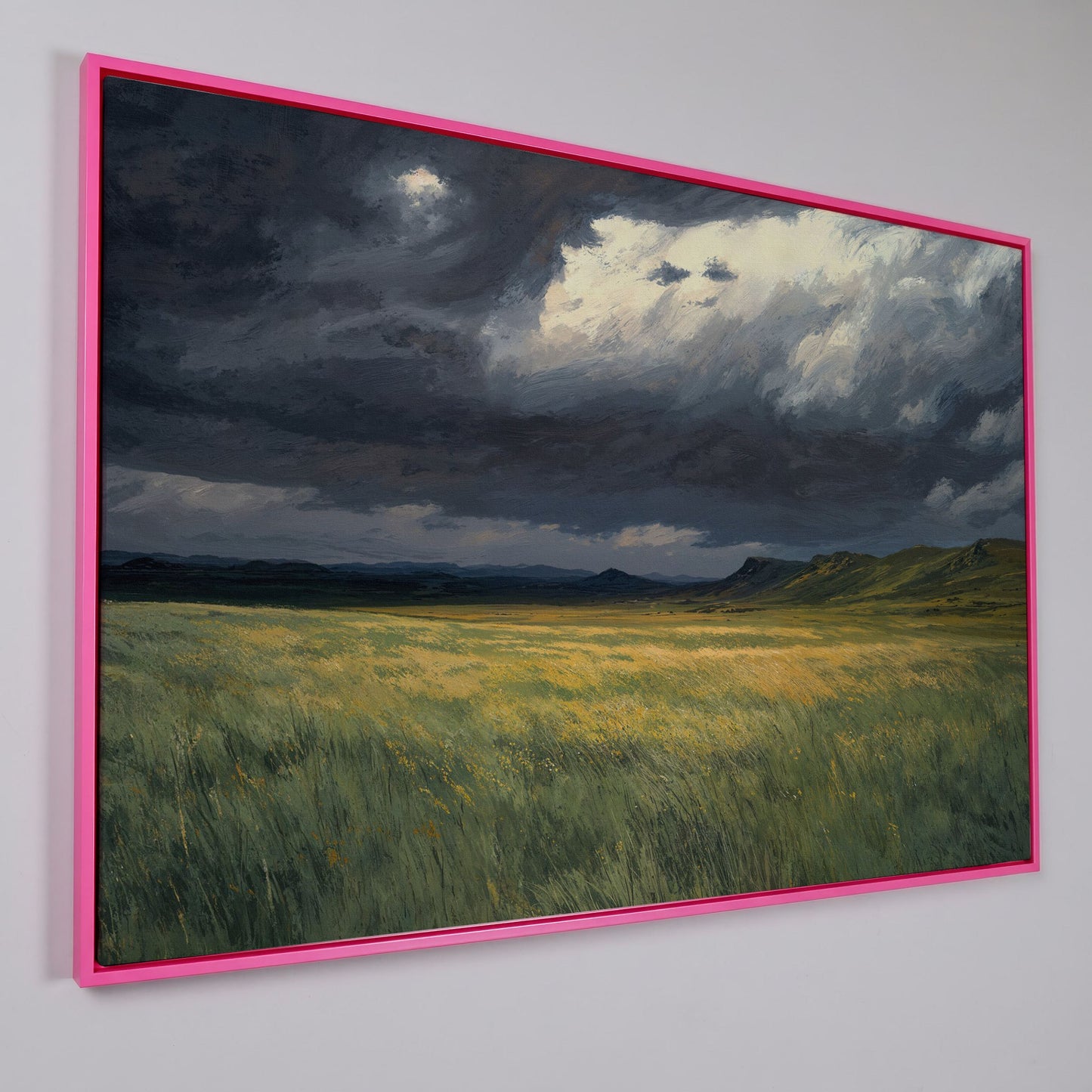 Serene Sky Over Prairie Fields Canvas in pink floating frame