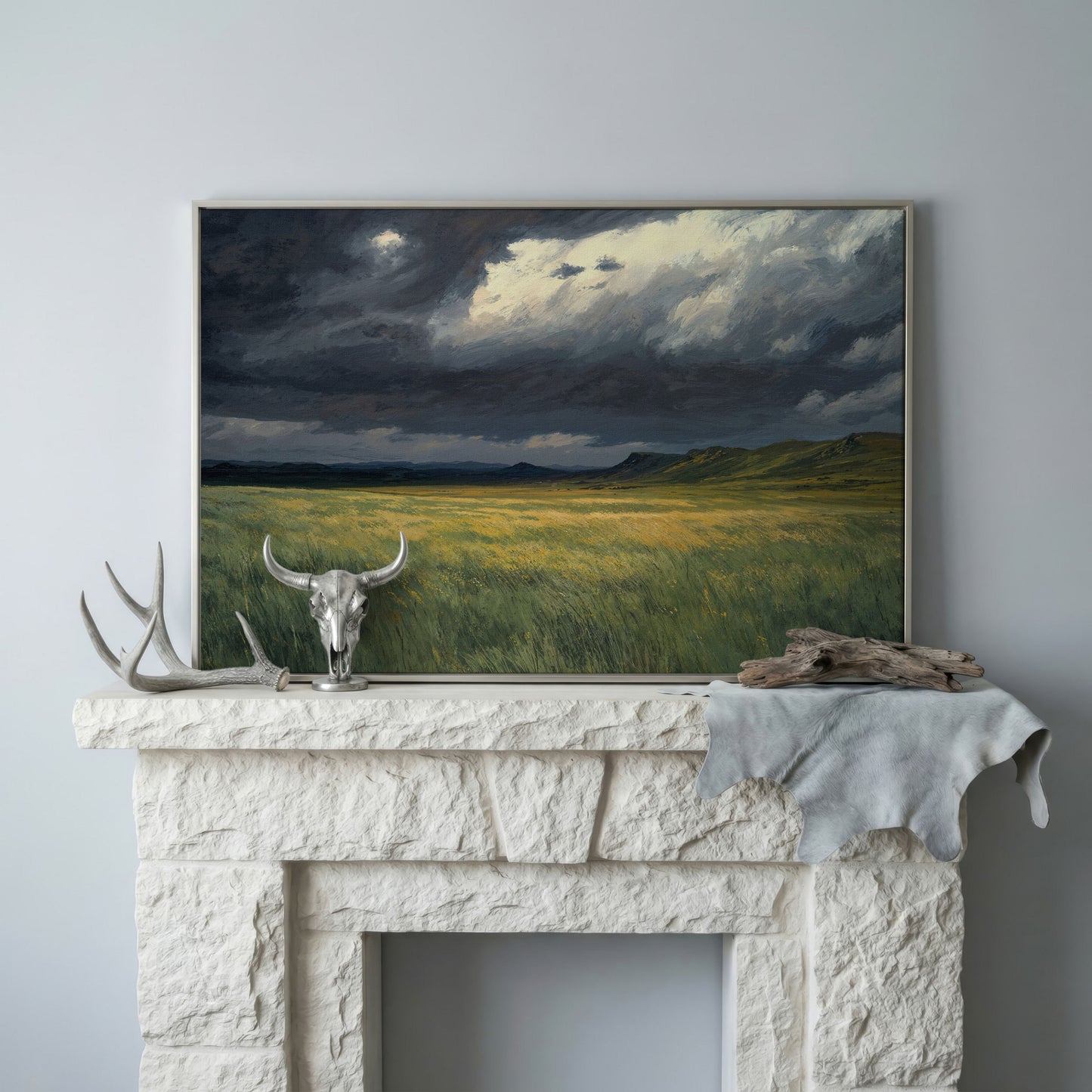 Serene Sky Over Prairie Fields Canvas in silver floating frame