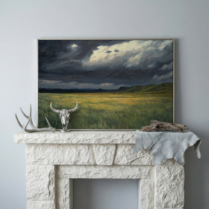 Serene Sky Over Prairie Fields Canvas in silver floating frame
