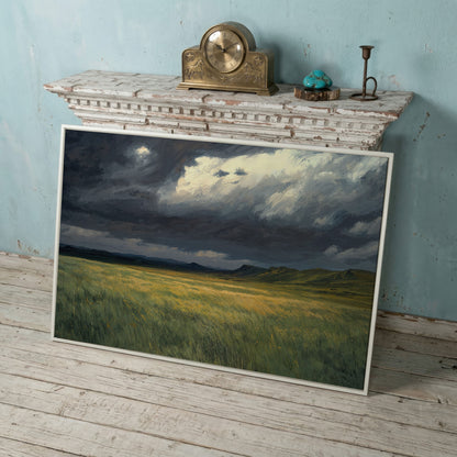 Serene Sky Over Prairie Fields Canvas in white floating frame