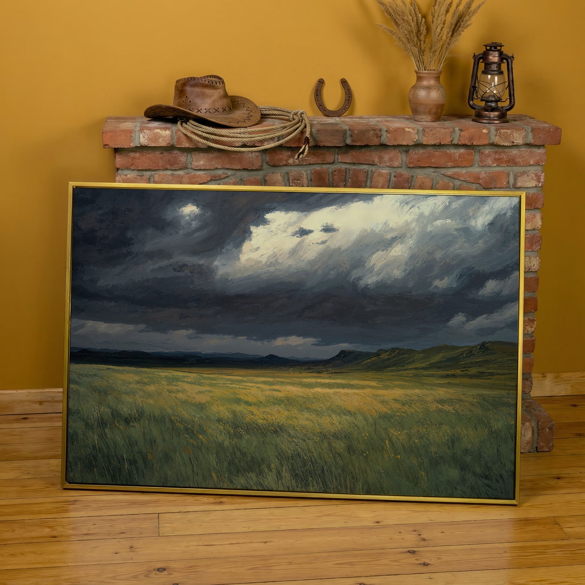 Serene Sky Over Prairie Fields Canvas in yellow gold floating frame