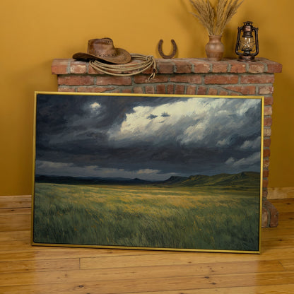 Serene Sky Over Prairie Fields Canvas in yellow gold floating frame