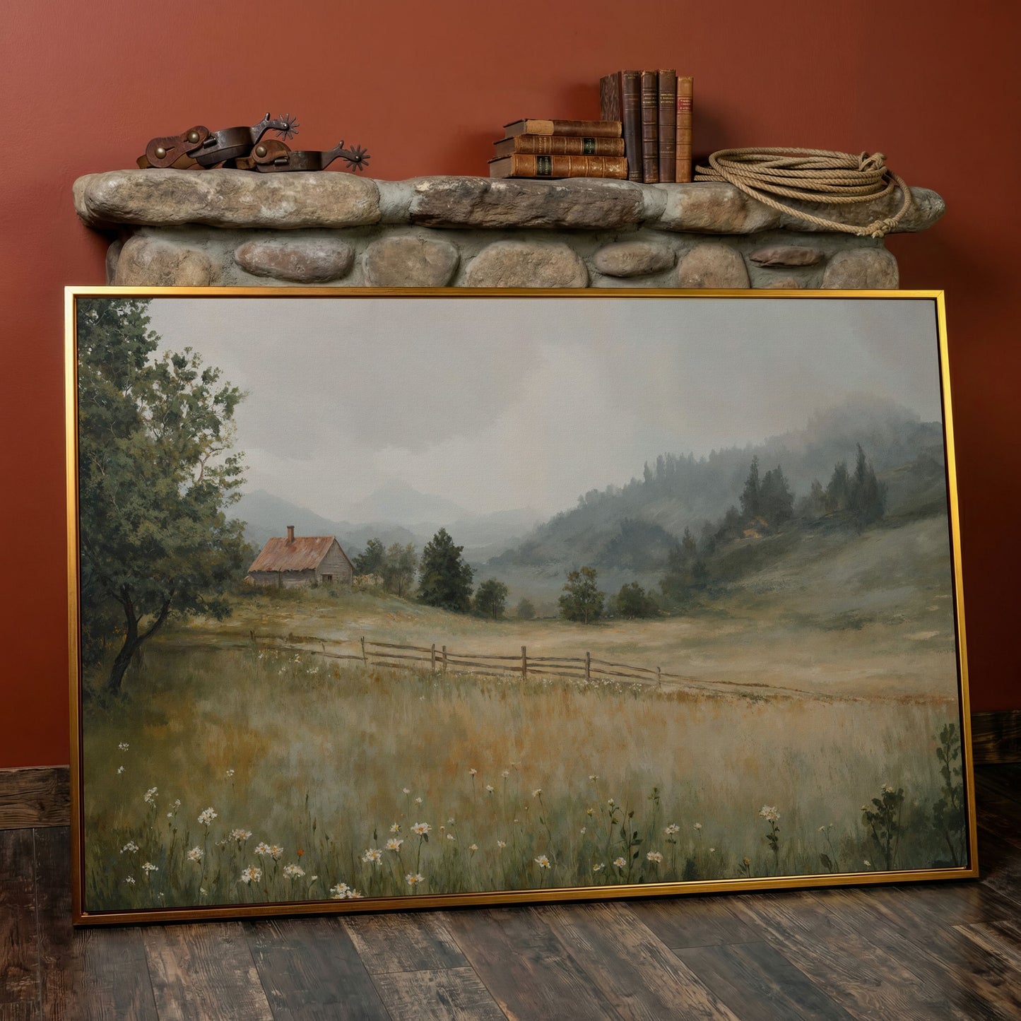 Rustic Countryside Cabin Canvas with Wildflowers in antique gold floating frame