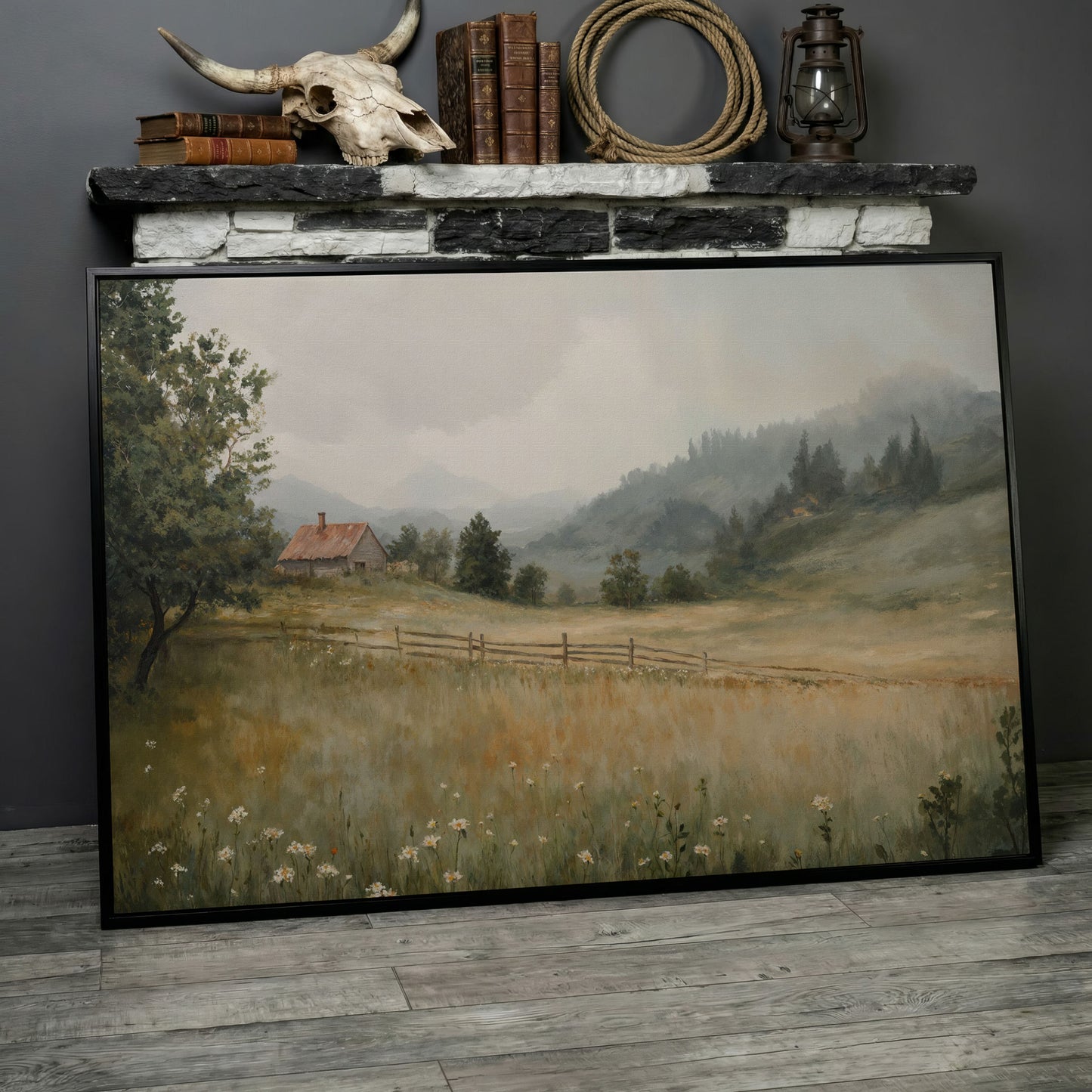Rustic Countryside Cabin Canvas with Wildflowers in black floating frame