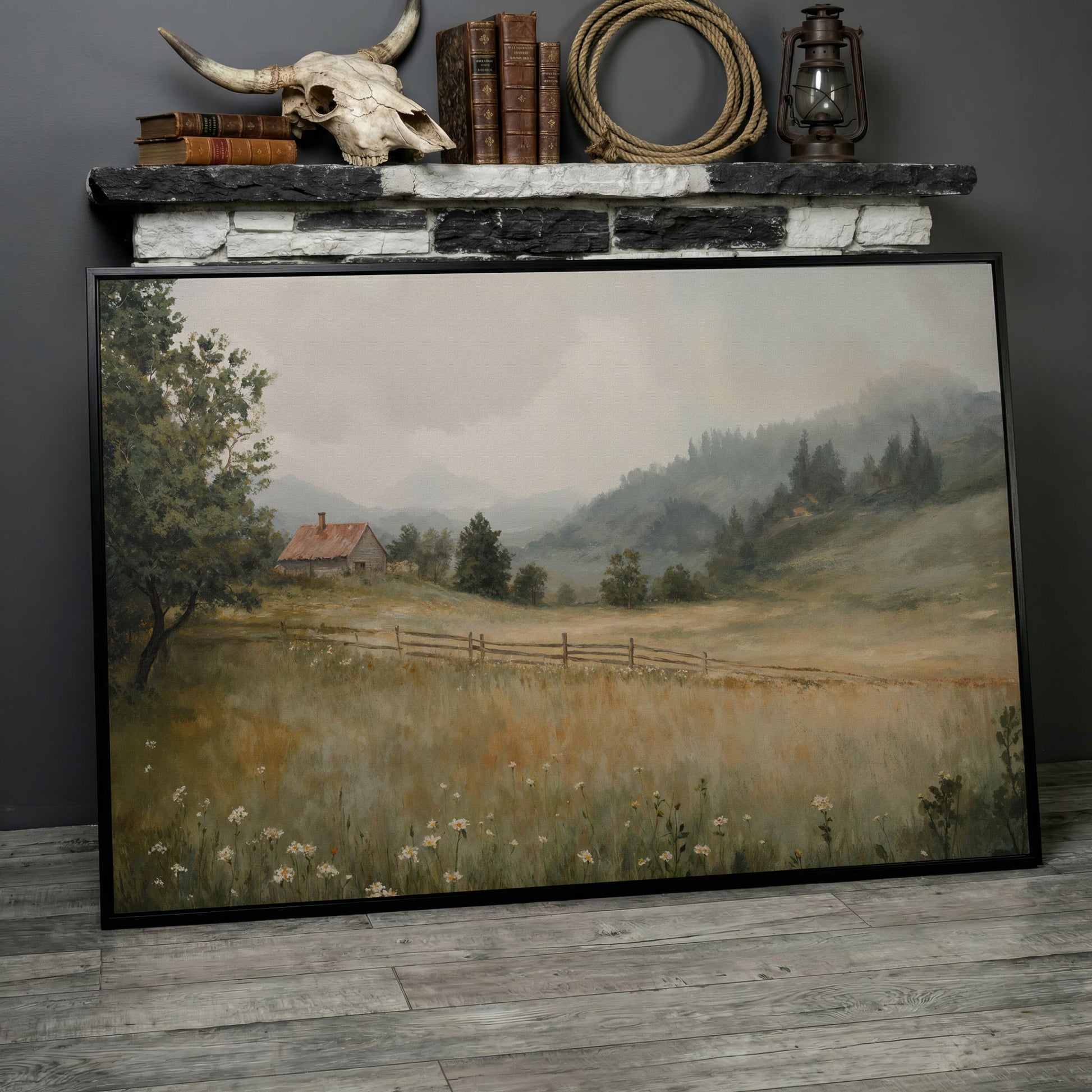 Rustic Countryside Cabin Canvas with Wildflowers in black floating frame