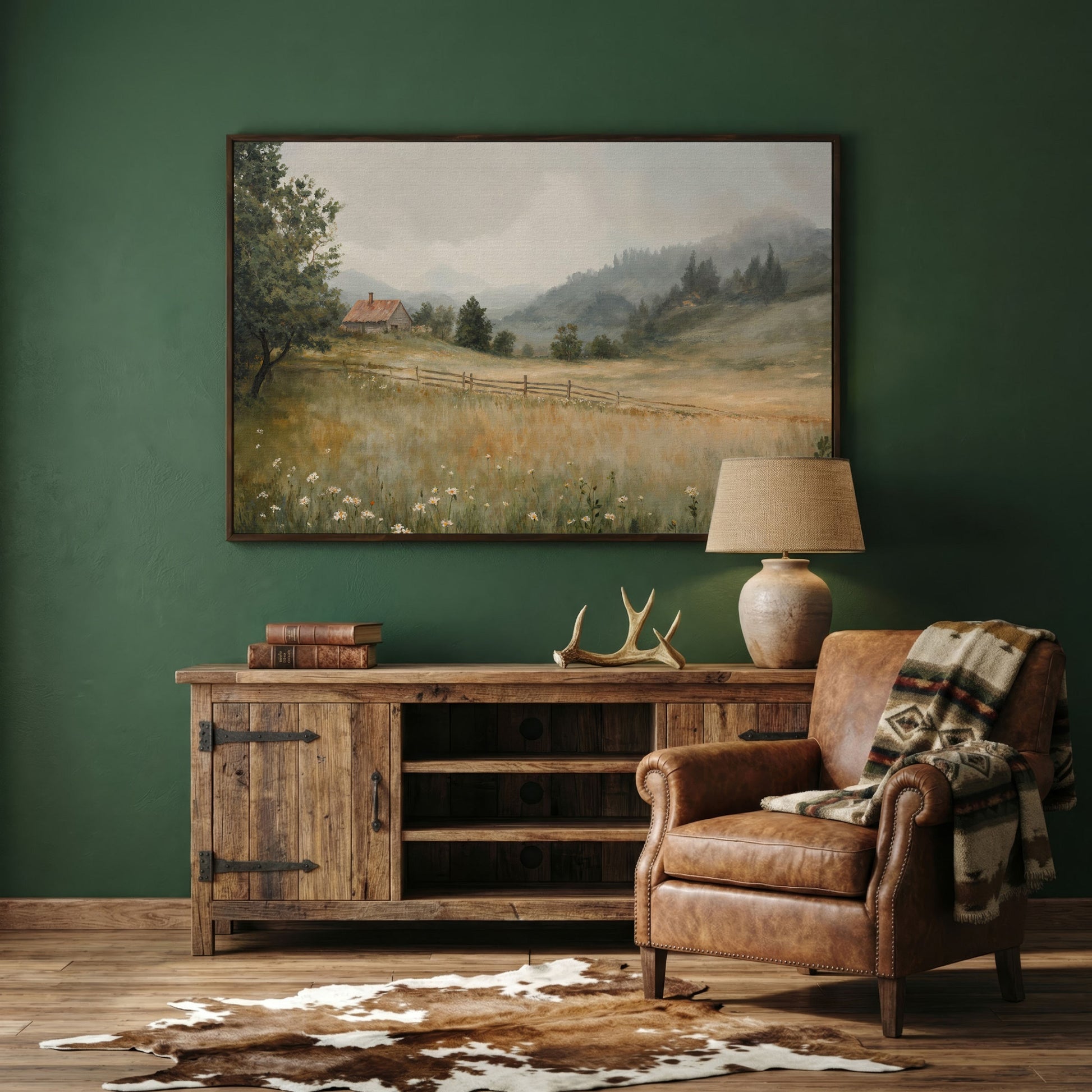 Rustic Countryside Cabin Canvas with Wildflowers in dark walnut floating frame
