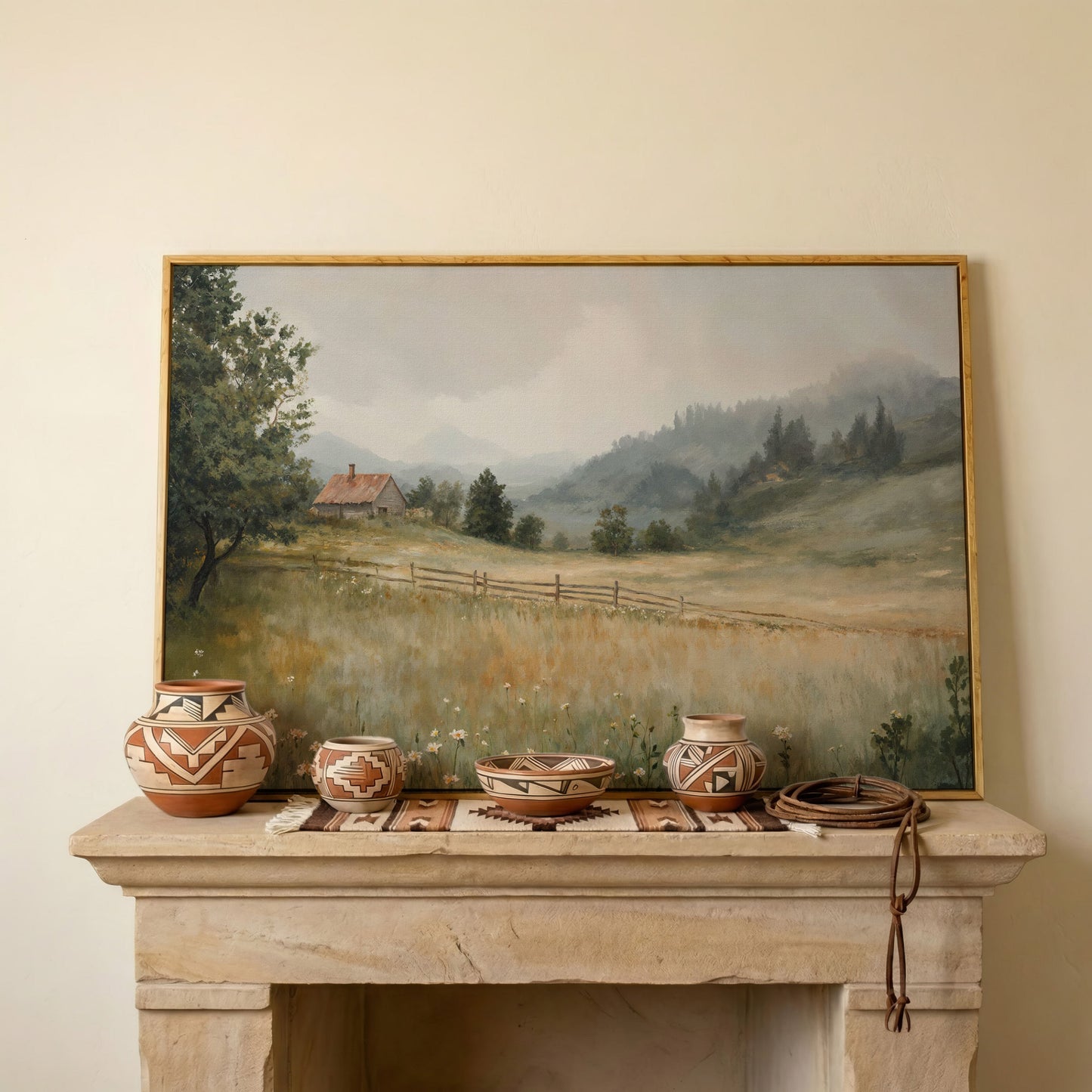 Rustic Countryside Cabin Canvas with Wildflowers in white oak floating frame