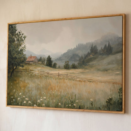 Rustic Countryside Cabin Canvas with Wildflowers shown in white oak floating frame