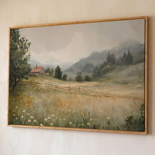 Rustic Countryside Cabin Canvas with Wildflowers shown in white oak floating frame