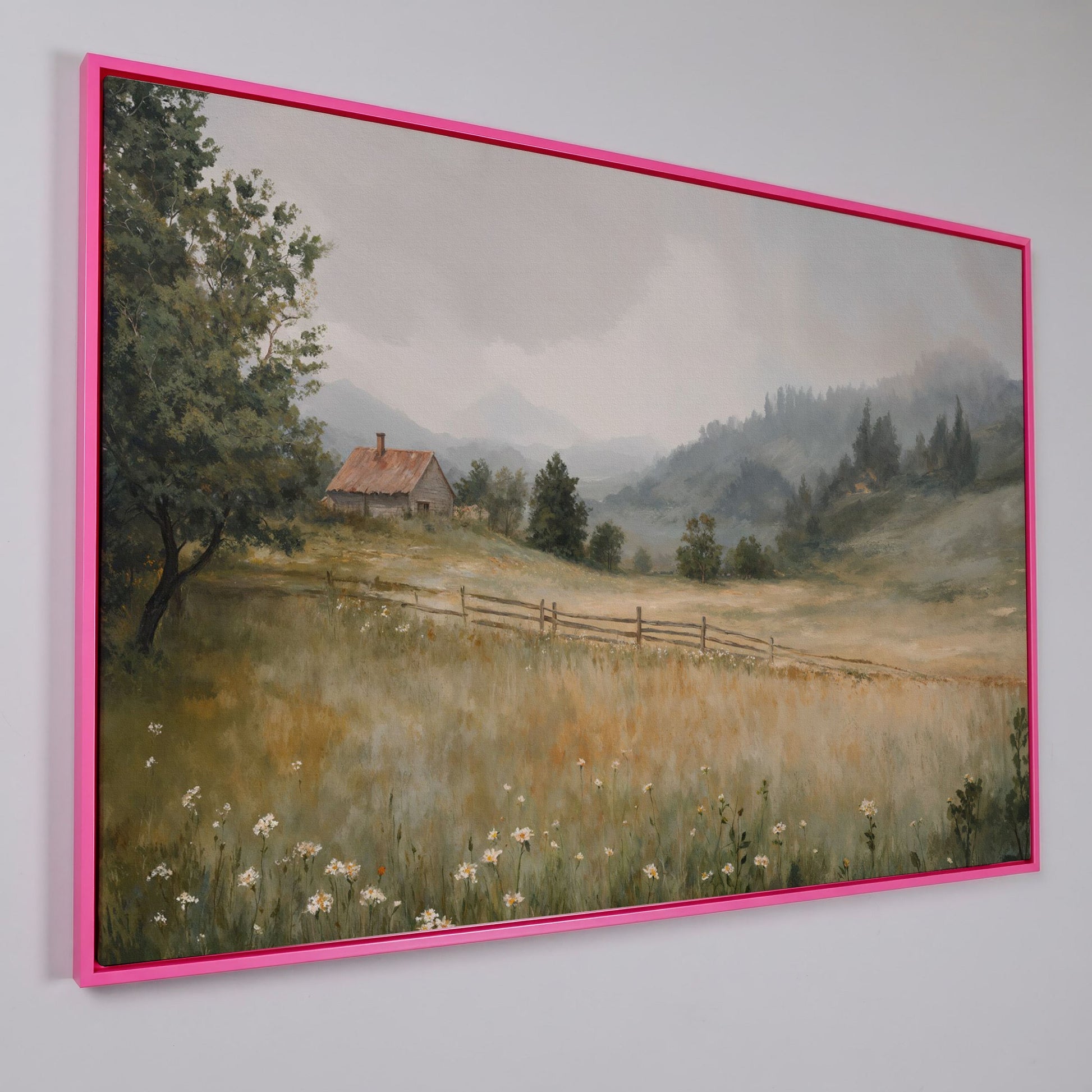 Rustic Countryside Cabin Canvas with Wildflowers in pink floating frame
