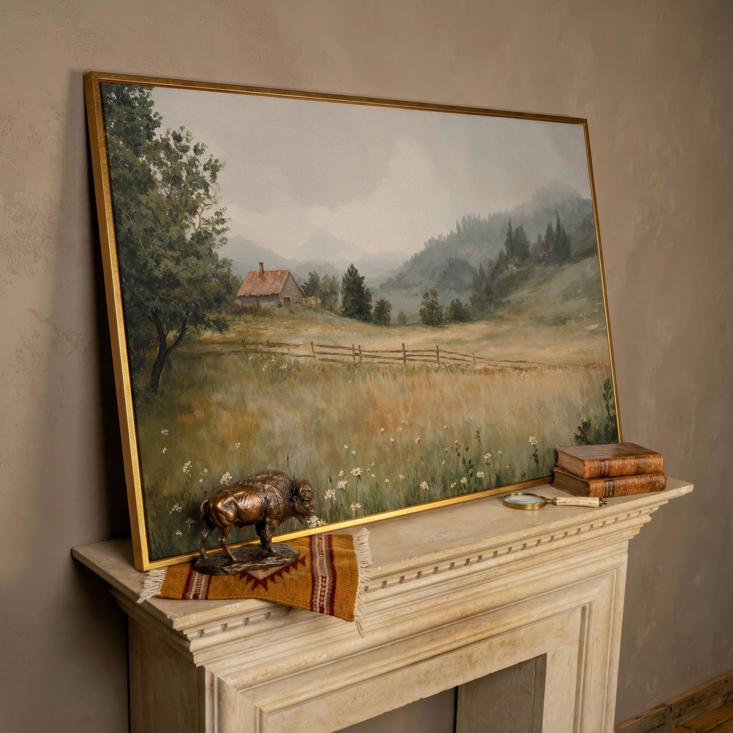 Rustic Countryside Cabin Canvas with Wildflowers in rose gold floating frame