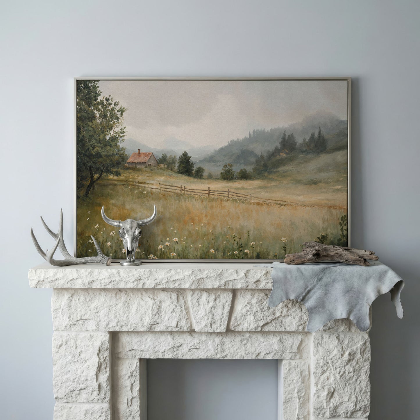 Rustic Countryside Cabin Canvas with Wildflowers in silver floating frame