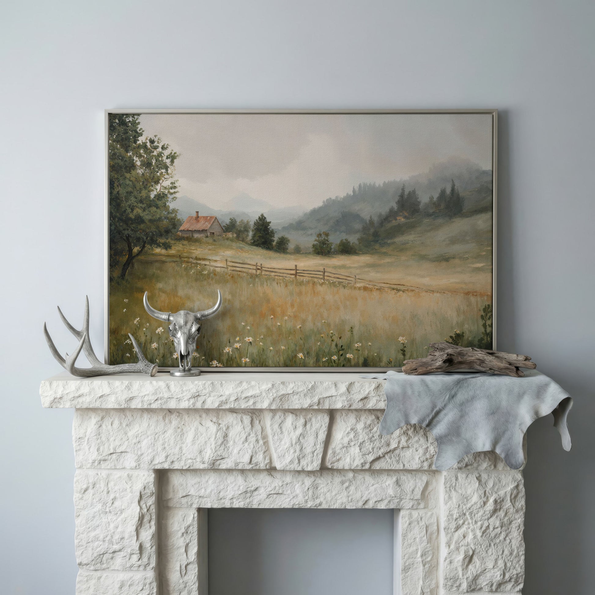 Rustic Countryside Cabin Canvas with Wildflowers in silver floating frame