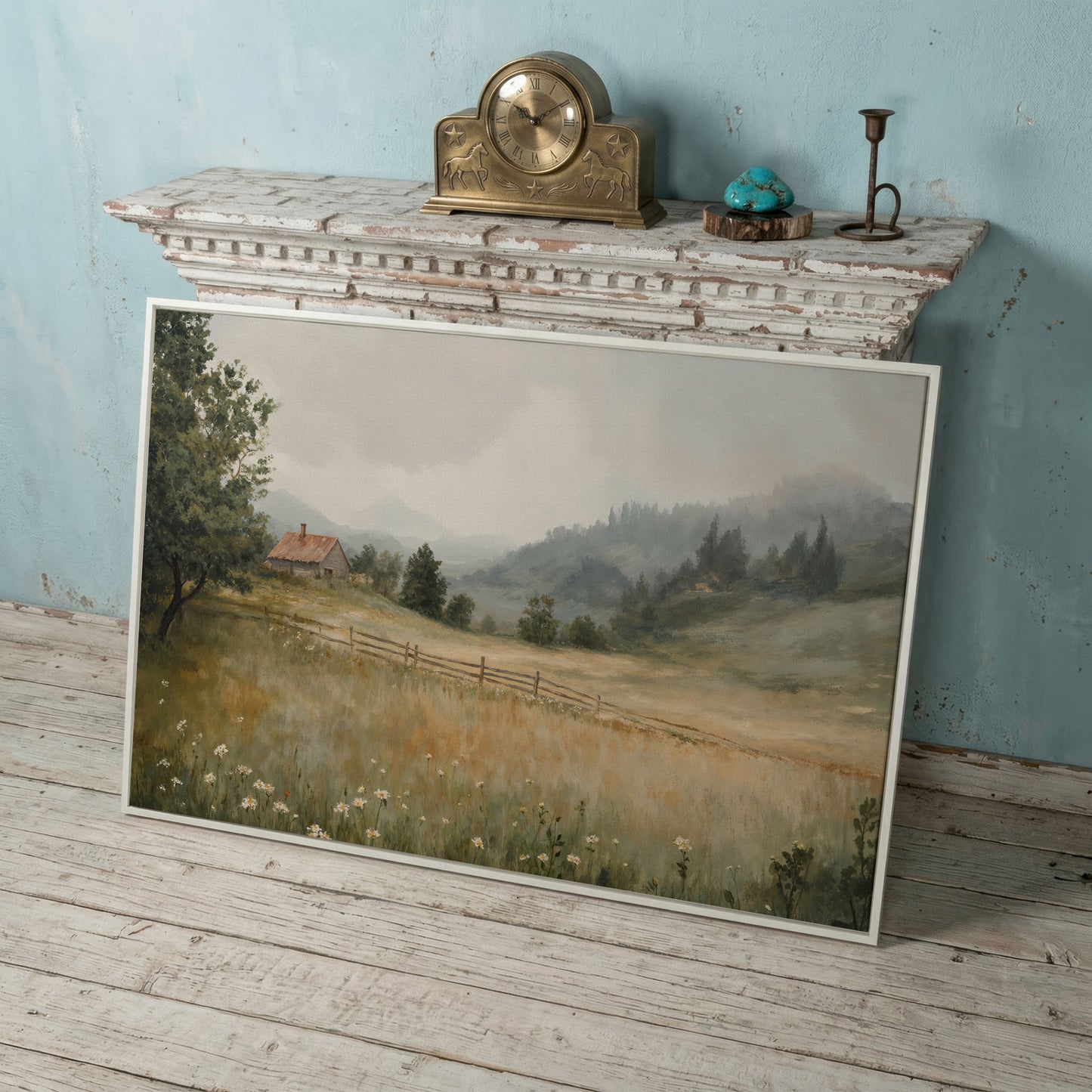 Rustic Countryside Cabin Canvas with Wildflowers in white floating frame
