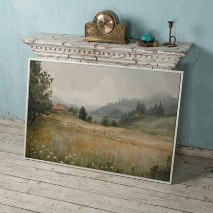 Rustic Countryside Cabin Canvas with Wildflowers in white floating frame