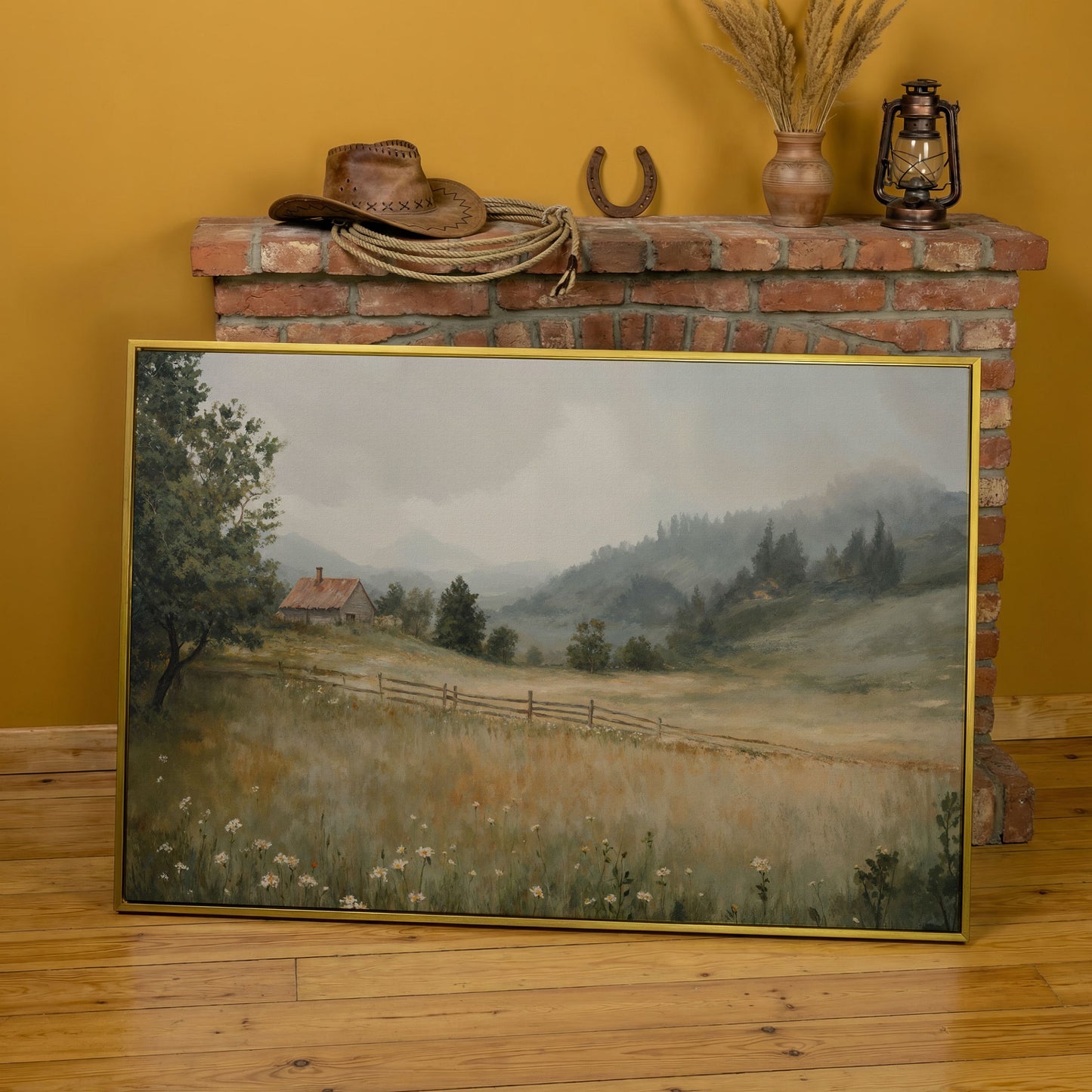 Rustic Countryside Cabin Canvas with Wildflowers in yellow gold floating frame