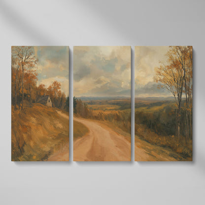 Autumn Valley Road Canvas with Rustic Farmhouse as 3-panel split version
