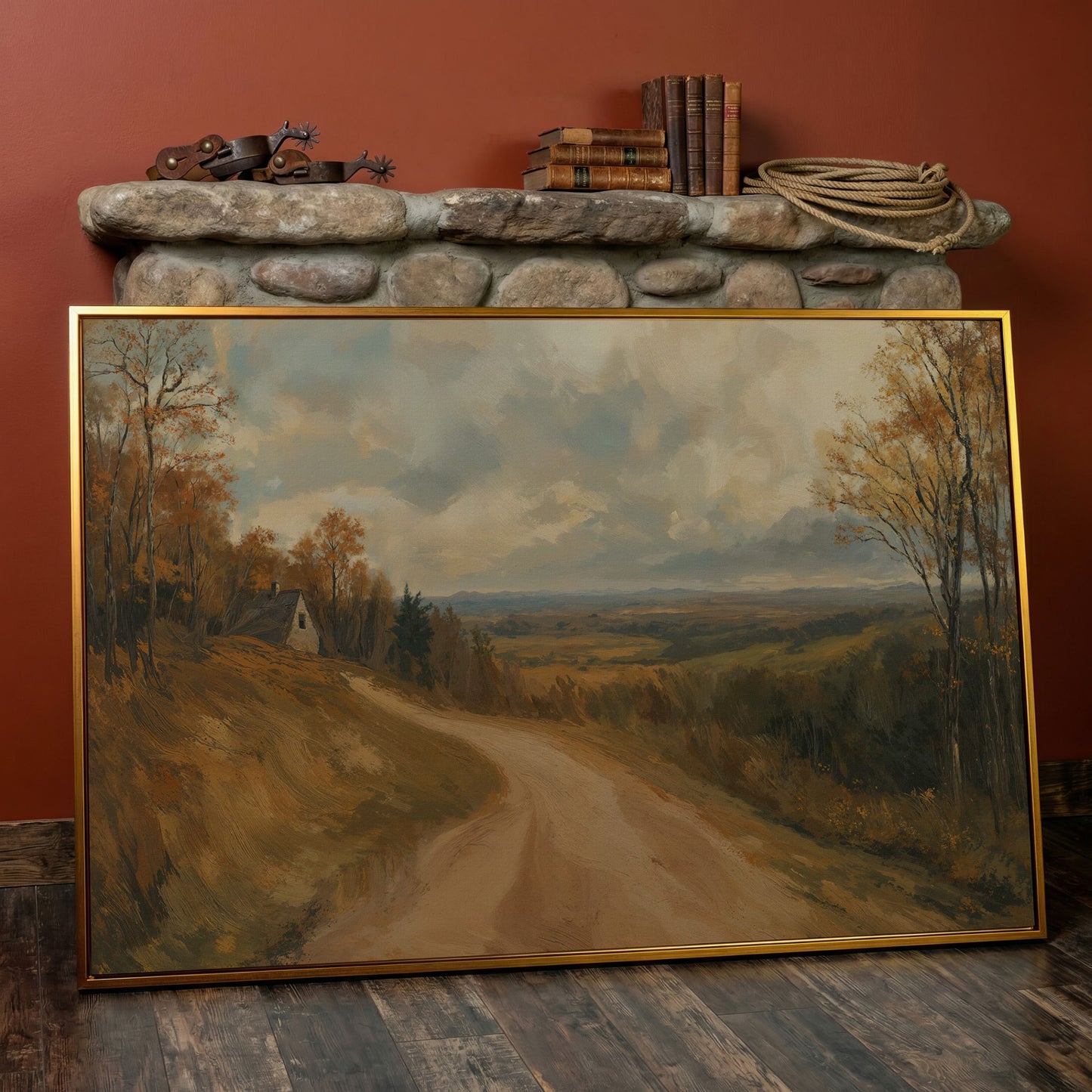 Autumn Valley Road Canvas with Rustic Farmhouse in antique gold floating frame