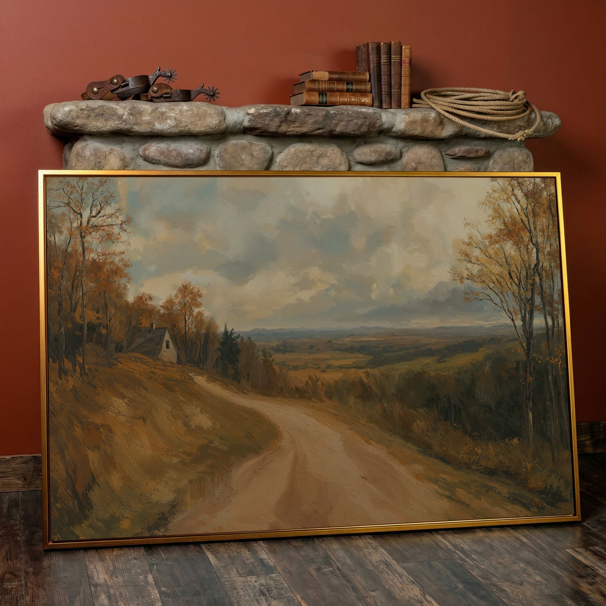 Autumn Valley Road Canvas with Rustic Farmhouse in antique gold floating frame