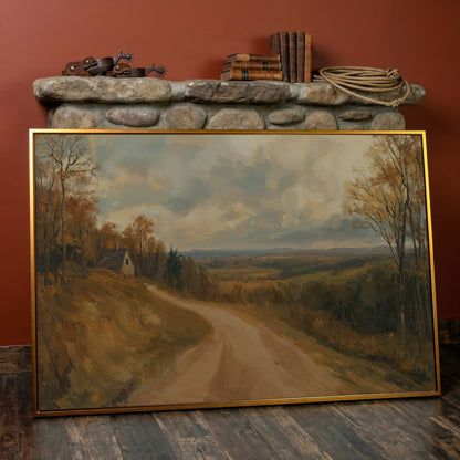 Autumn Valley Road Canvas with Rustic Farmhouse in antique gold floating frame