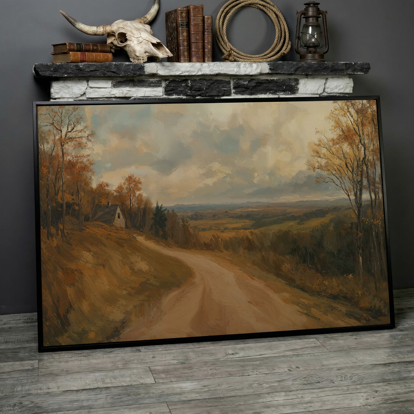 Autumn Valley Road Canvas with Rustic Farmhouse in black floating frame