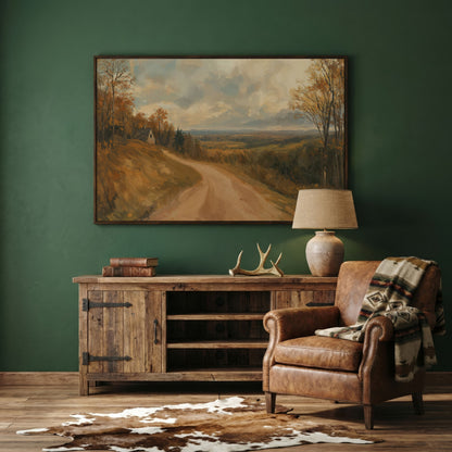 Autumn Valley Road Canvas with Rustic Farmhouse in dark walnut floating frame