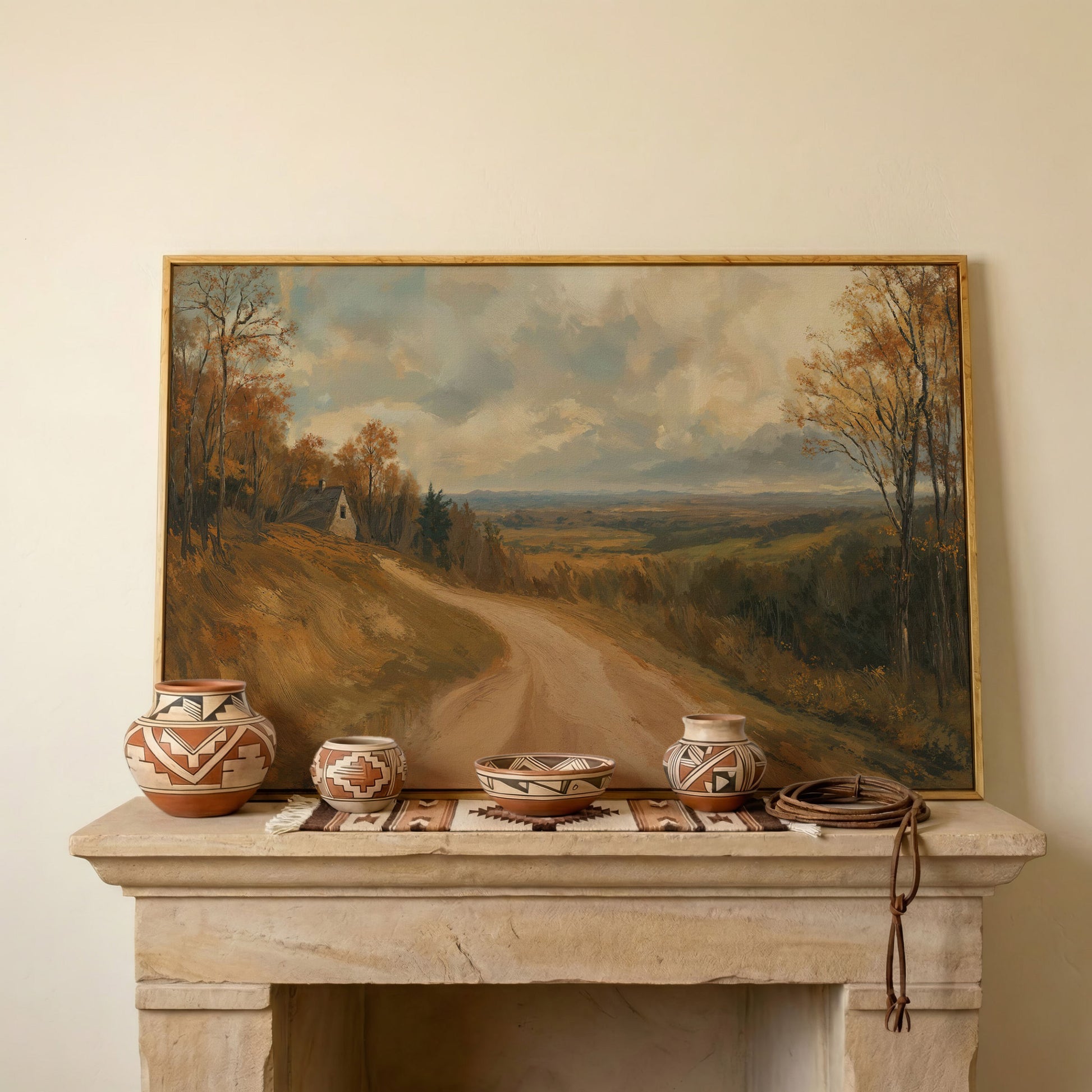 Autumn Valley Road Canvas with Rustic Farmhouse in white oak floating frame