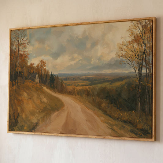 Autumn Valley Road Canvas with Rustic Farmhouse shown in white oak floating frame