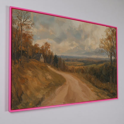 Autumn Valley Road Canvas with Rustic Farmhouse in pink floating frame
