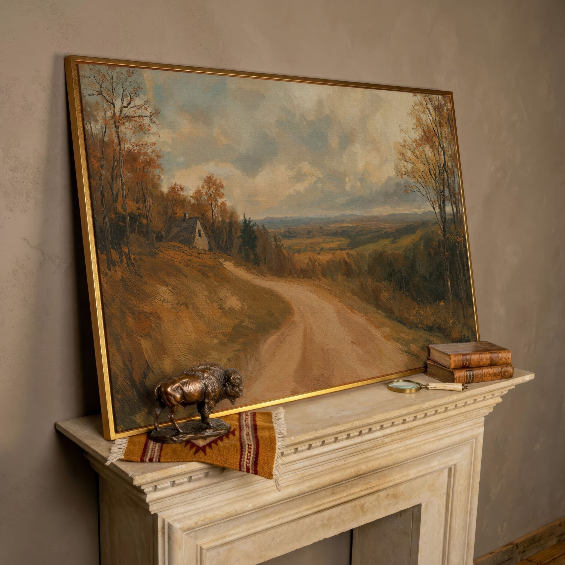 Autumn Valley Road Canvas with Rustic Farmhouse in rose gold floating frame