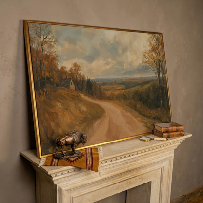 Autumn Valley Road Canvas with Rustic Farmhouse in rose gold floating frame