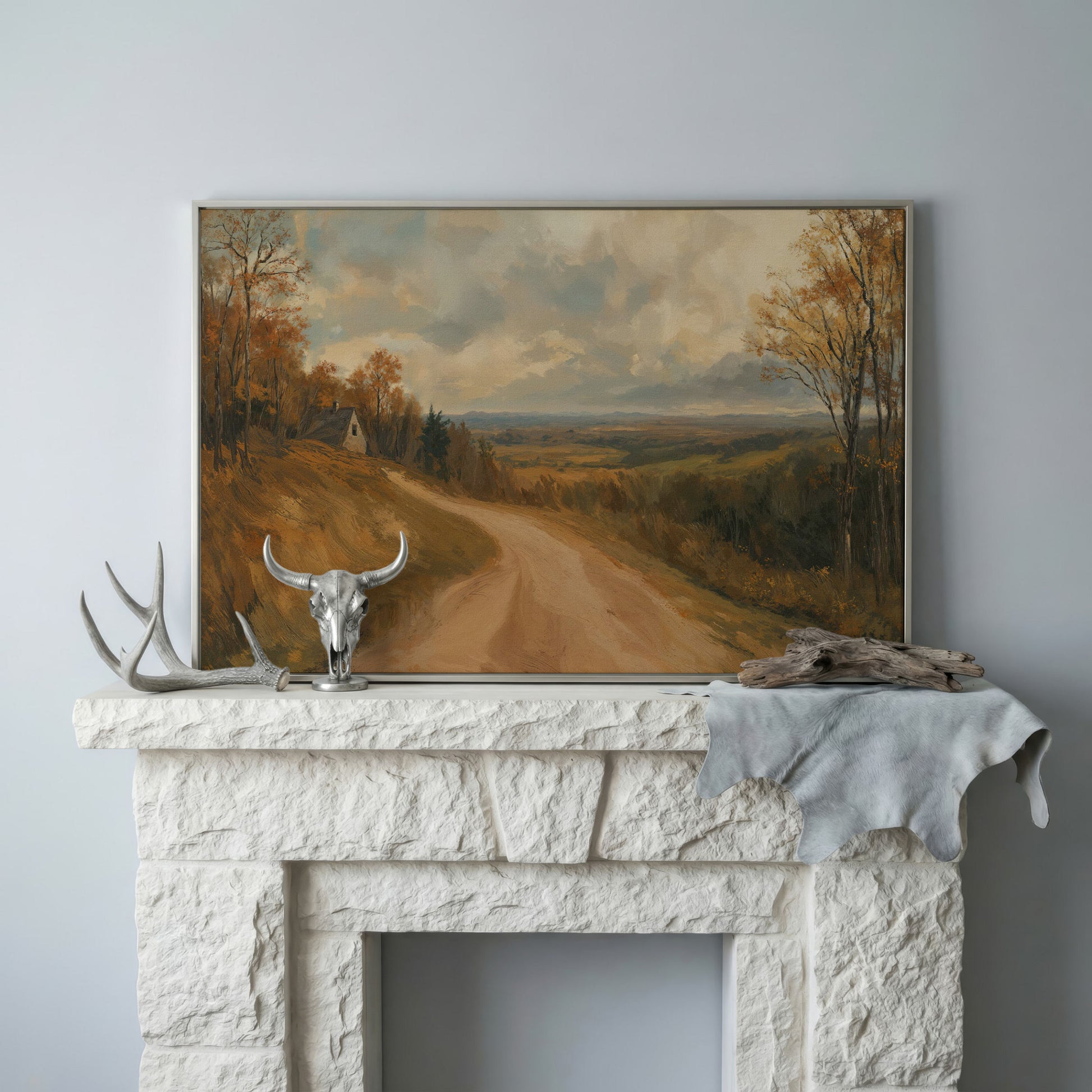 Autumn Valley Road Canvas with Rustic Farmhouse in silver floating frame
