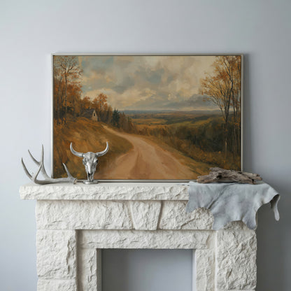 Autumn Valley Road Canvas with Rustic Farmhouse in silver floating frame