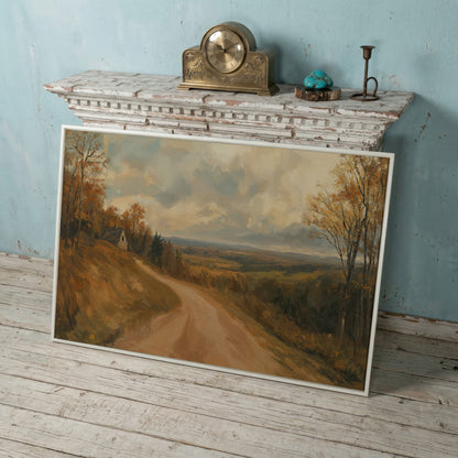 Autumn Valley Road Canvas with Rustic Farmhouse in white floating frame