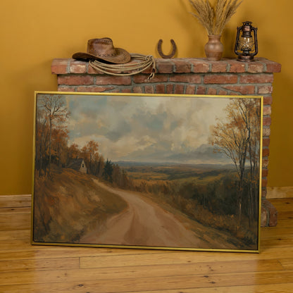Autumn Valley Road Canvas with Rustic Farmhouse in yellow gold floating frame