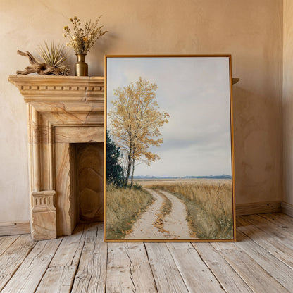 Golden Autumn Country Road Canvas in antique gold floating frame