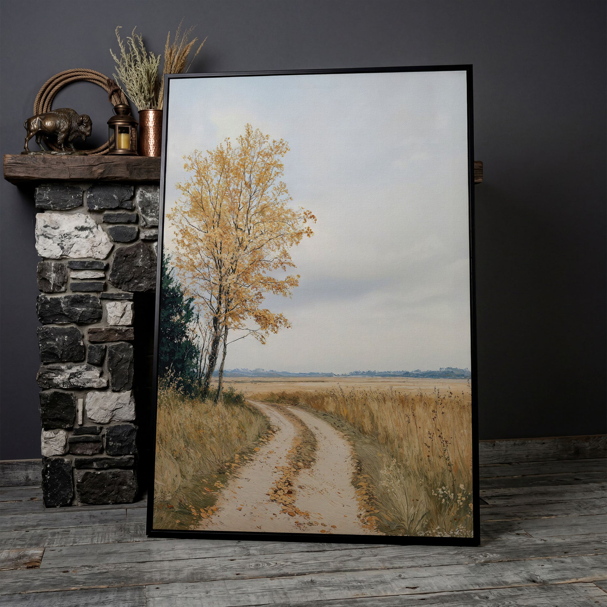 Golden Autumn Country Road Canvas in black floating frame