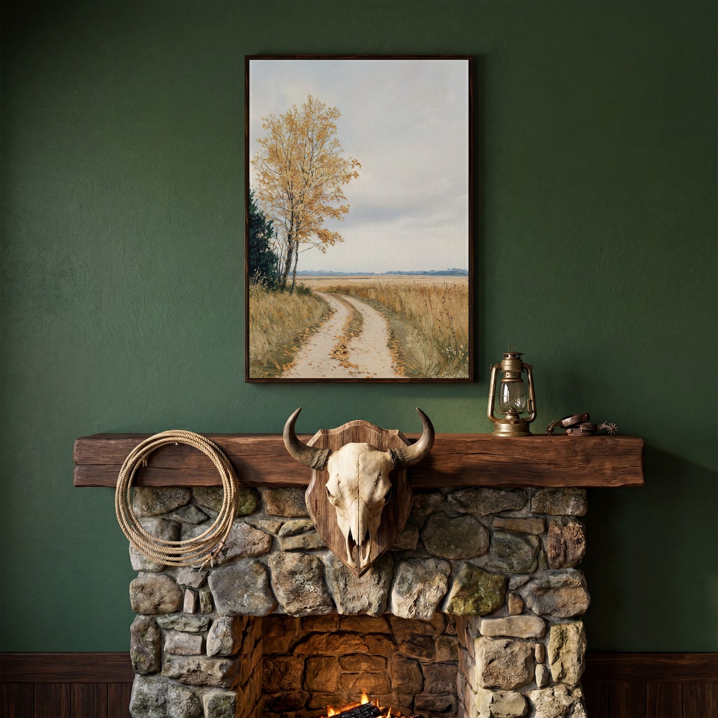 Golden Autumn Country Road Canvas in dark walnut floating frame