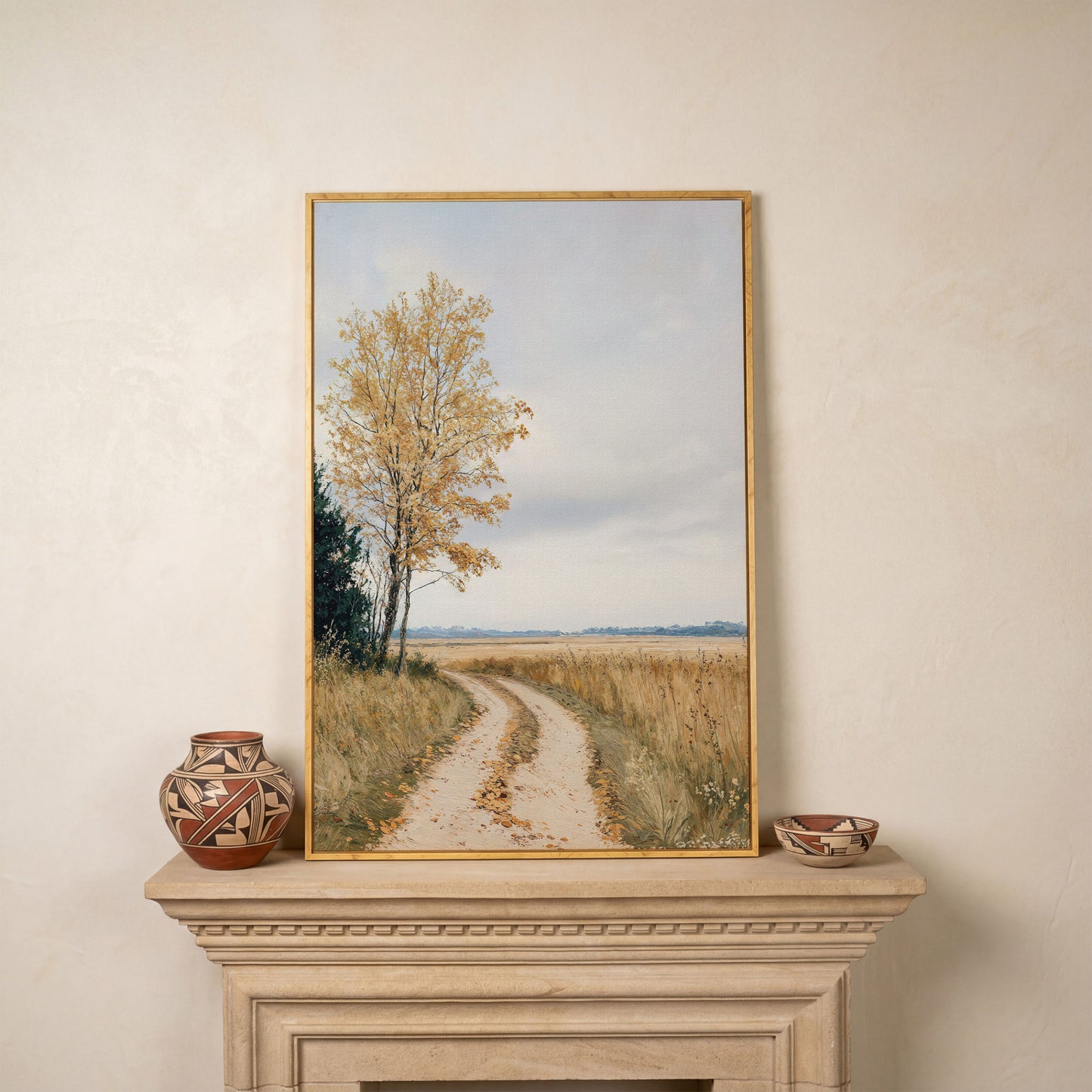 Golden Autumn Country Road Canvas in white oak floating frame