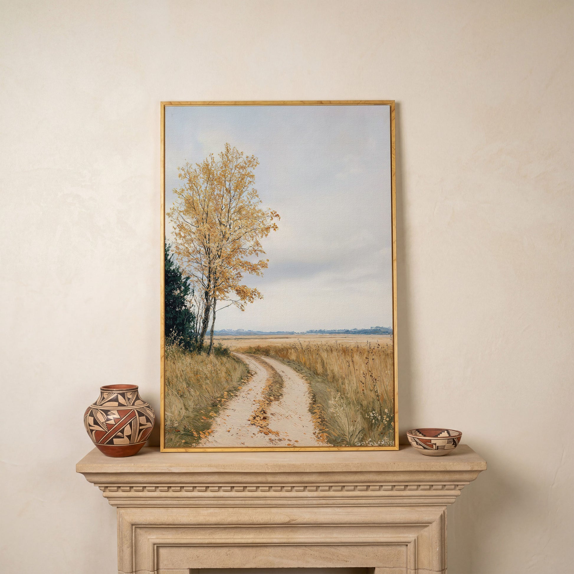 Golden Autumn Country Road Canvas in white oak floating frame