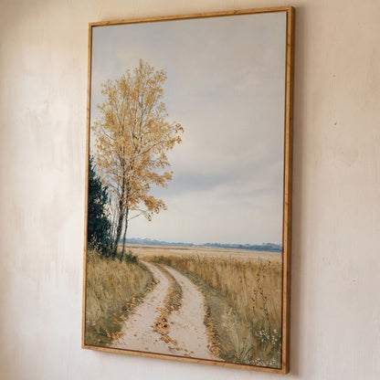 Golden Autumn Country Road Canvas shown in white oak floating frame