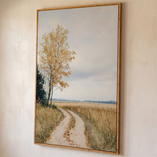Golden Autumn Country Road Canvas shown in white oak floating frame