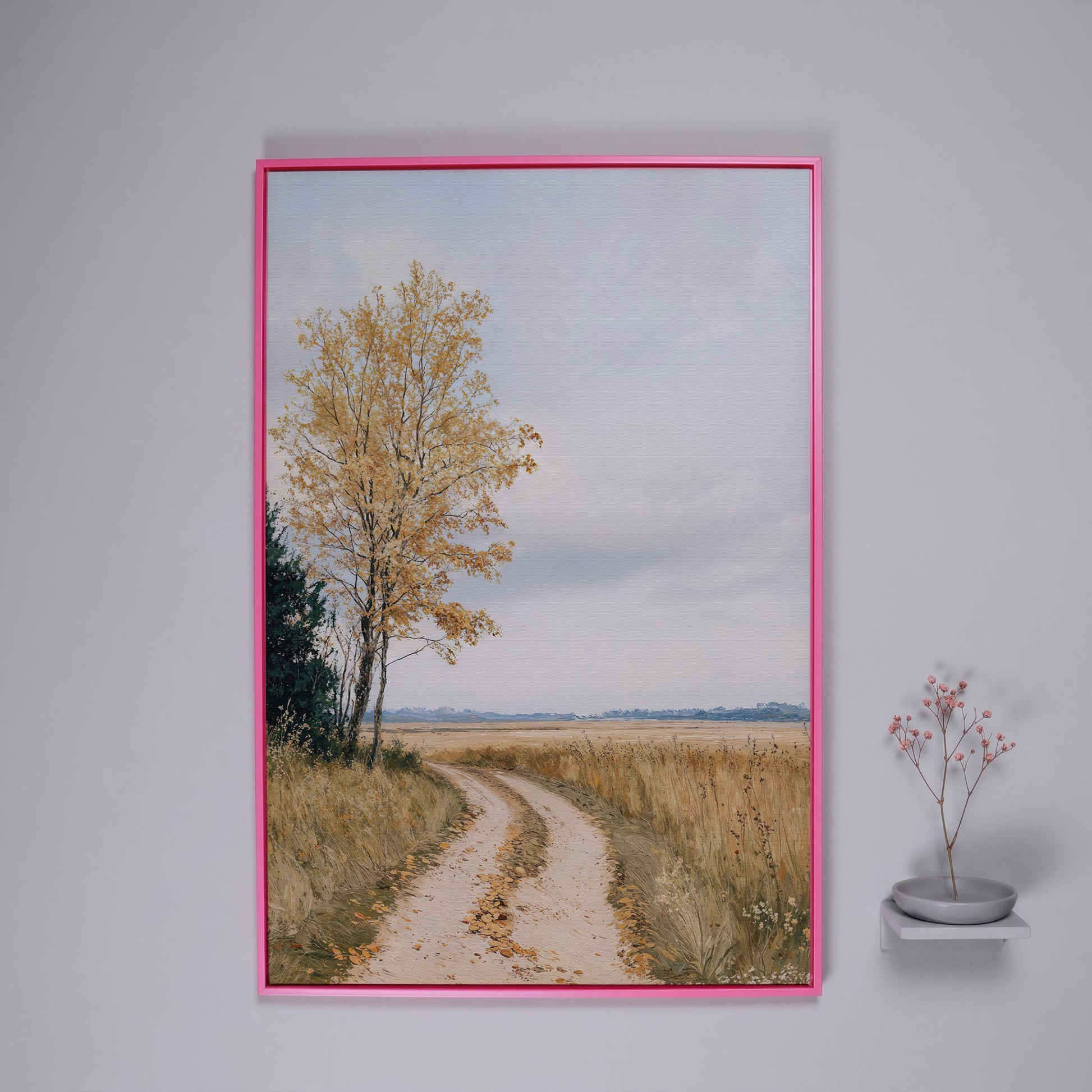 Golden Autumn Country Road Canvas in pink floating frame