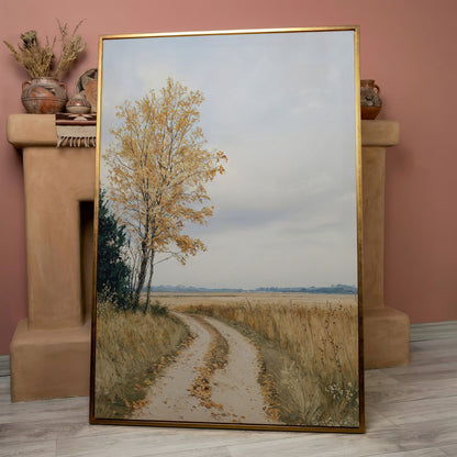 Golden Autumn Country Road Canvas in rose gold floating frame