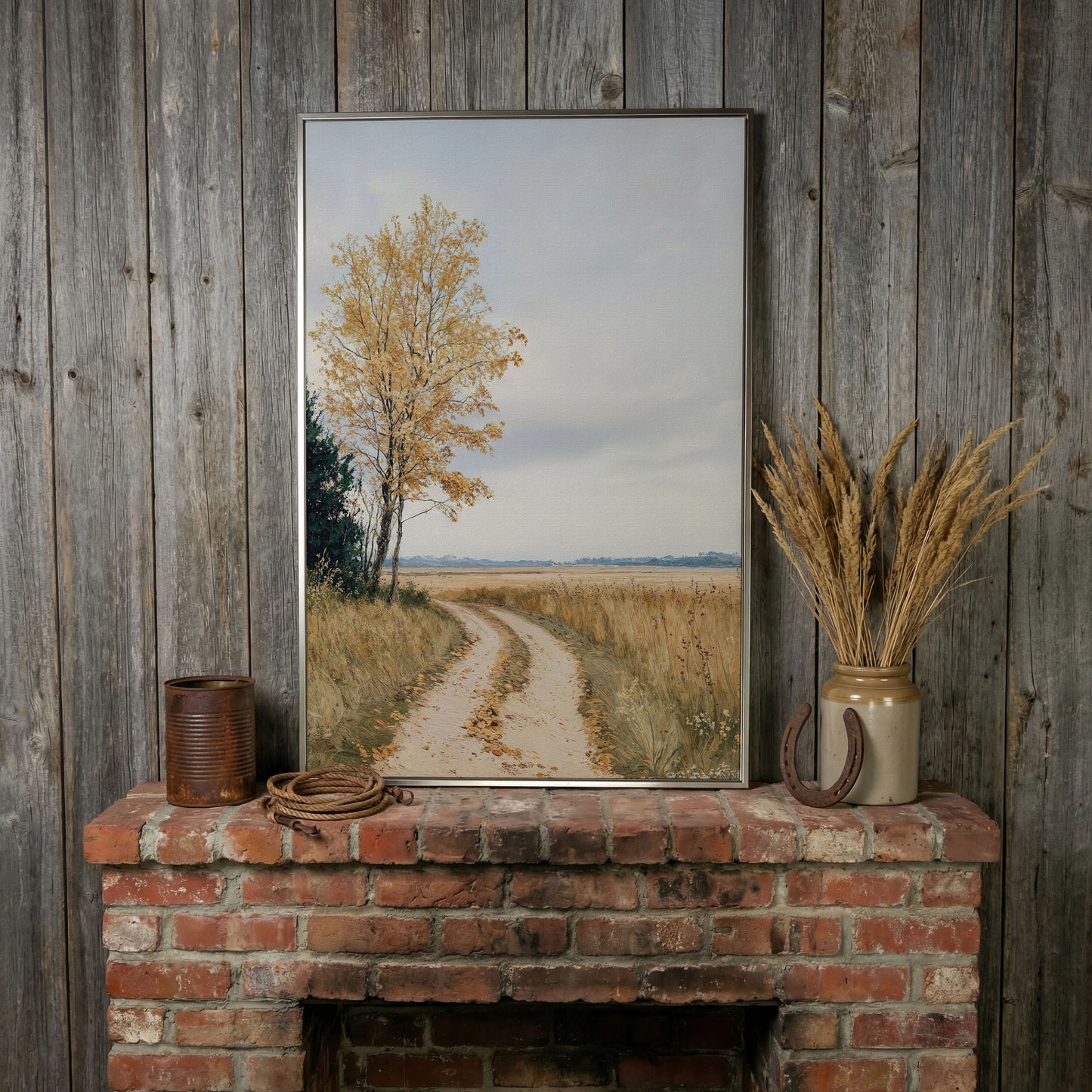 Golden Autumn Country Road Canvas in silver floating frame