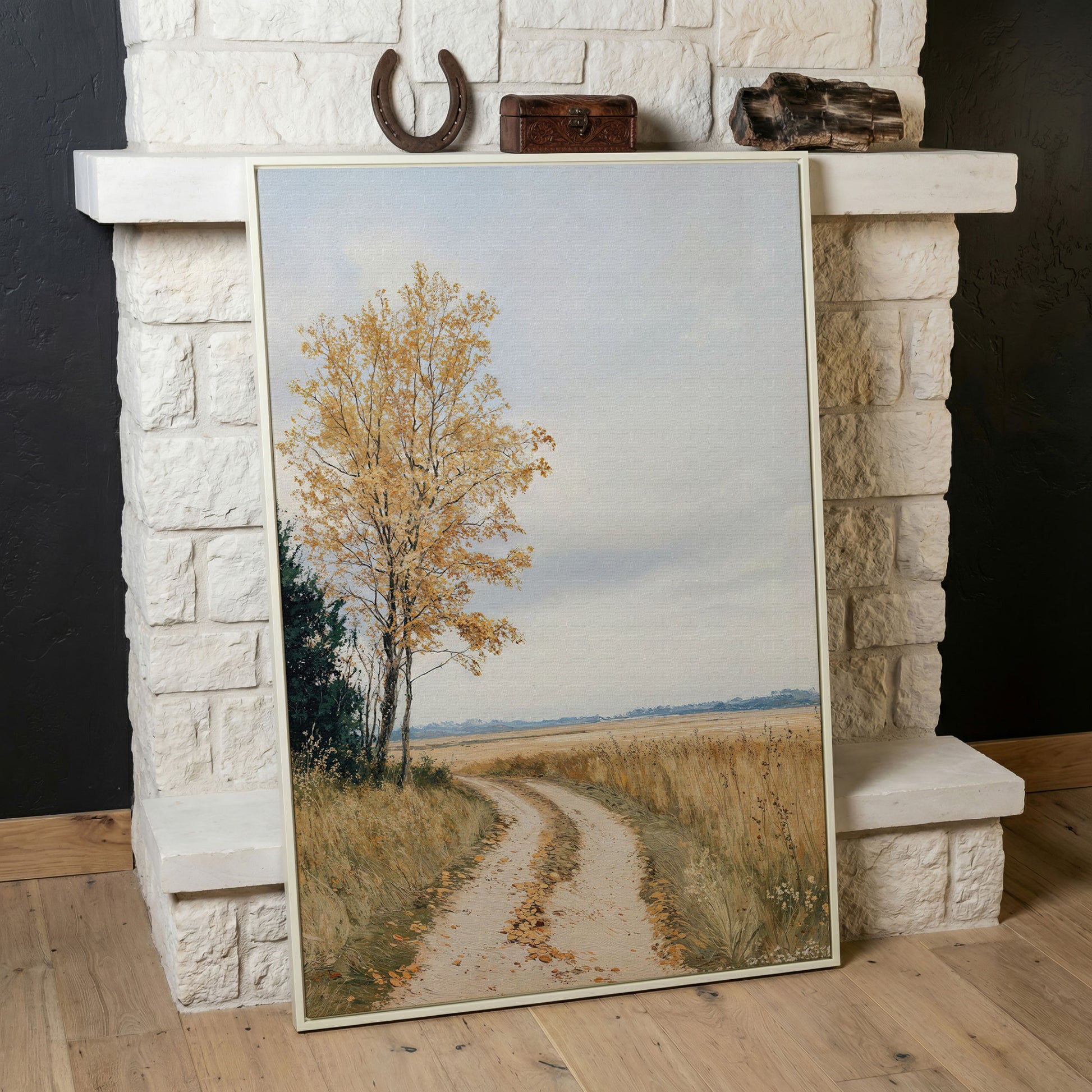 Golden Autumn Country Road Canvas in white floating frame